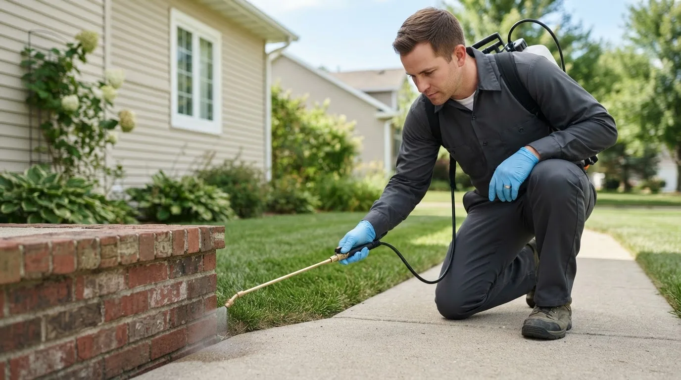 Pest control technician treating a home near Durand, MI